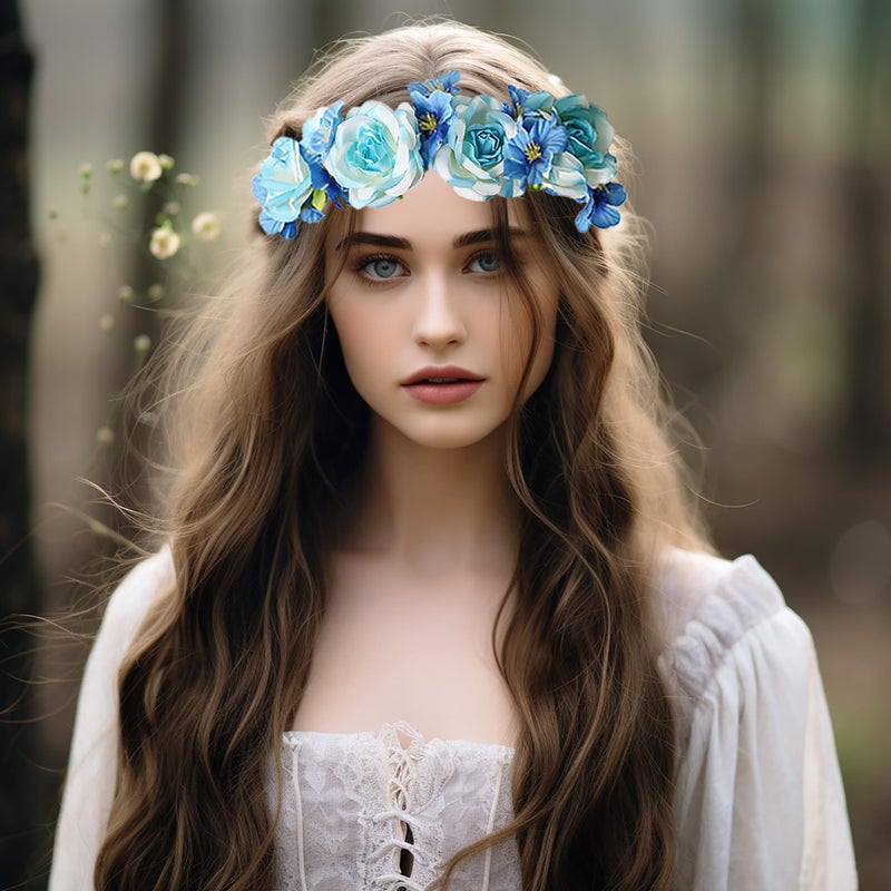 Vivivalue Rose Flower Crown Boho Flower Headband Hair Wreath Floral Headpiece Halo with Ribbon Wedding Party Festival Photos Blue - Image 2